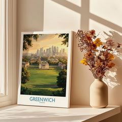 Greenwich London art print on windowsill with autumn flowers in vase, cityscape wall decor