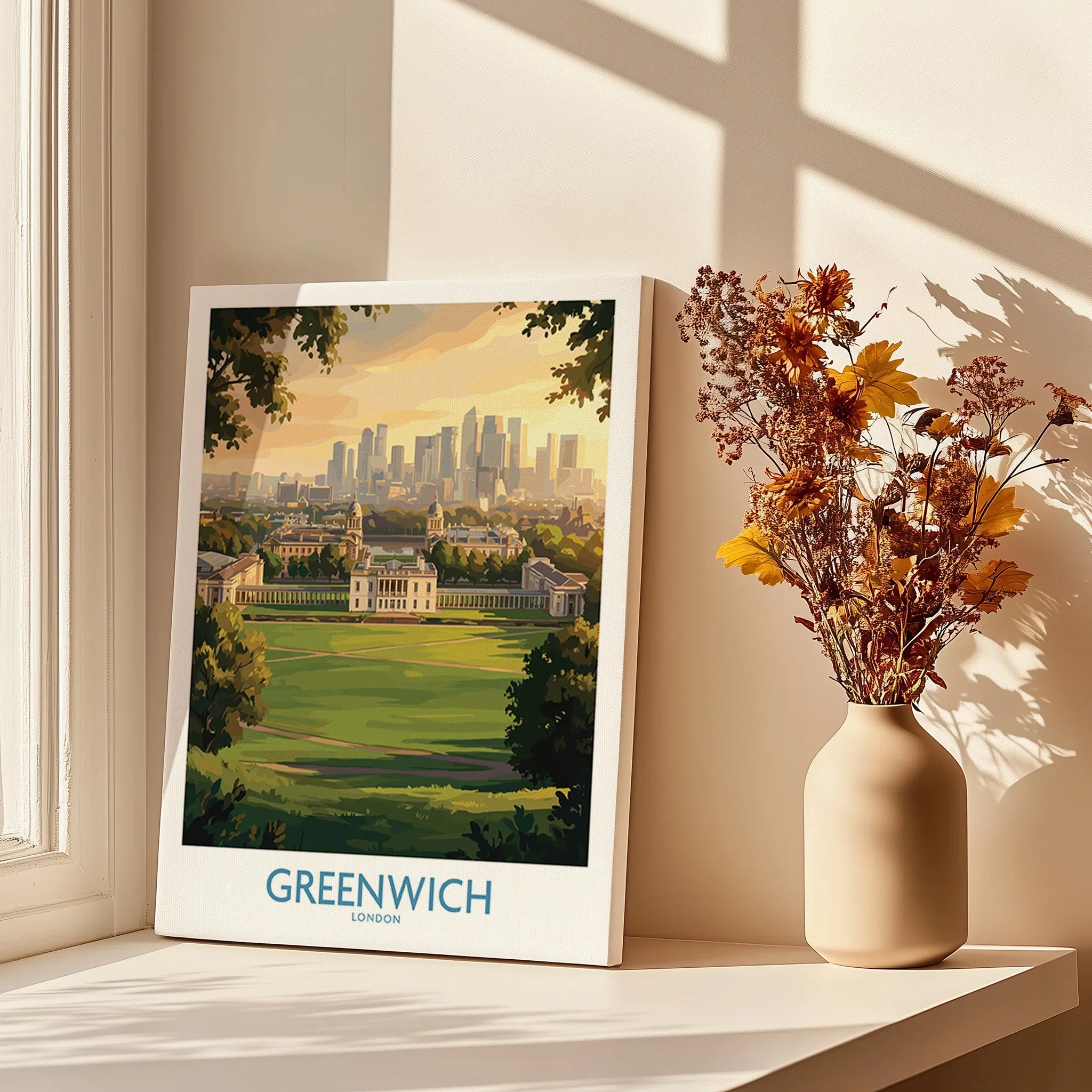 Greenwich London art print on windowsill with autumn flowers in vase, cityscape wall decor