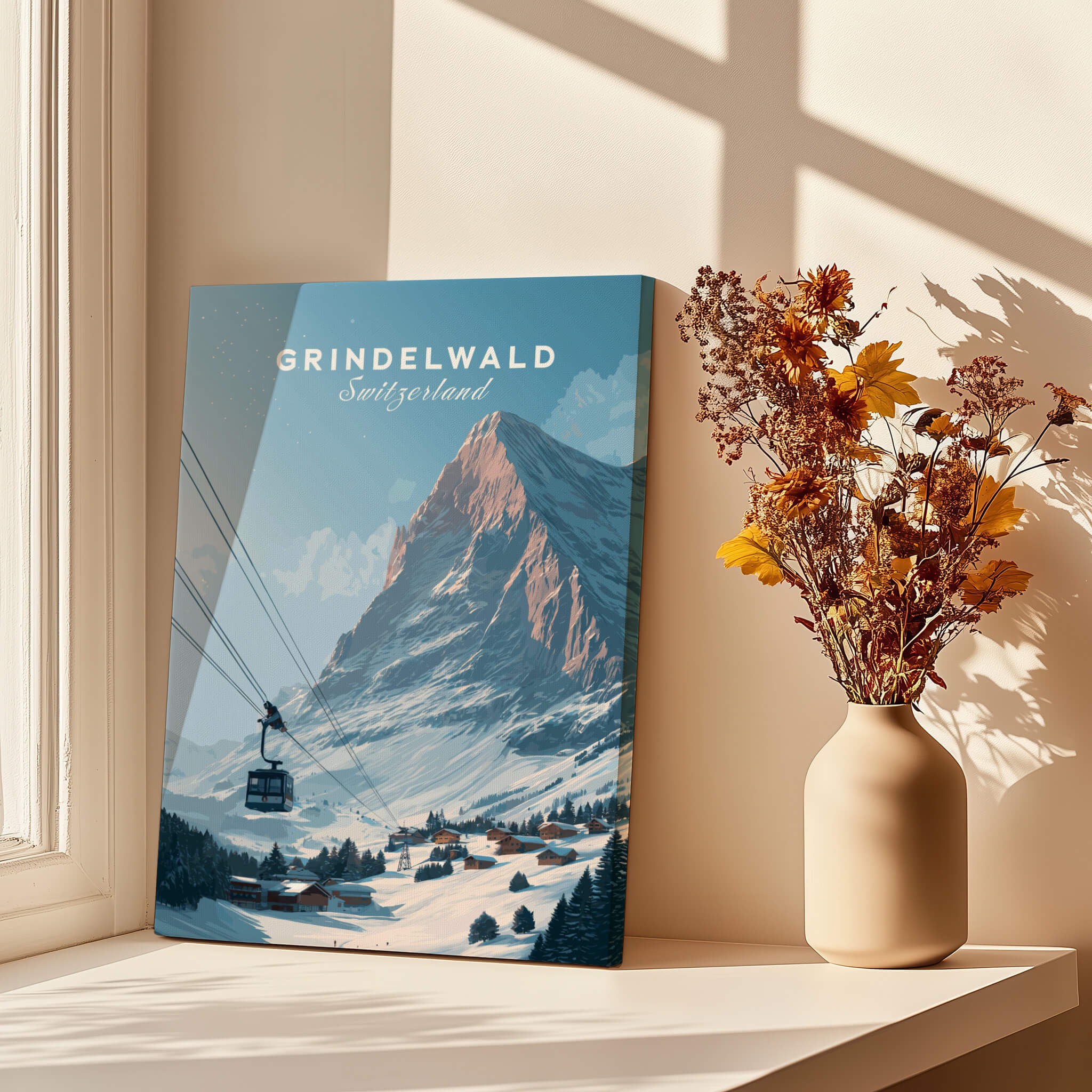 Grindelwald Switzerland Wall Art Print | Alpine Cable Car Travel Posters featuring stunning mountain scenery and cable car.