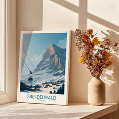 Grindelwald Switzerland Poster | Snowy Alps Mountain Scene Canvas Print displayed beside flowers in a vase by a window.