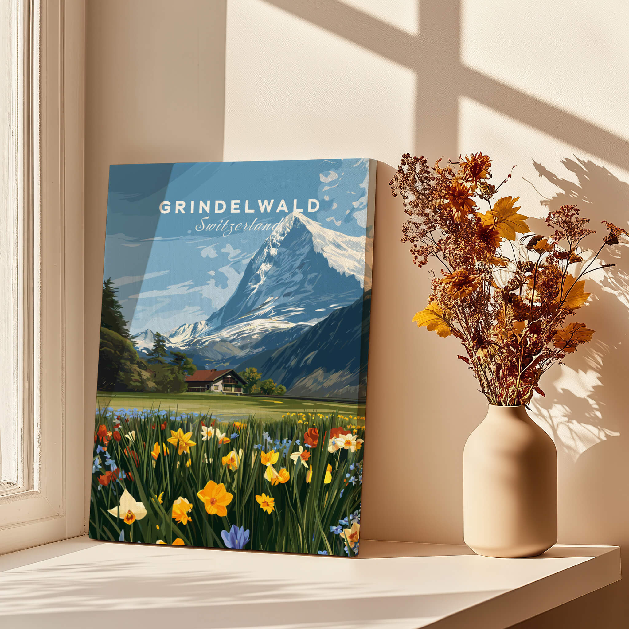 Grindelwald Switzerland Travel Poster | Alpine Wildflower Meadow Wall Art Print with vibrant flowers and mountains.