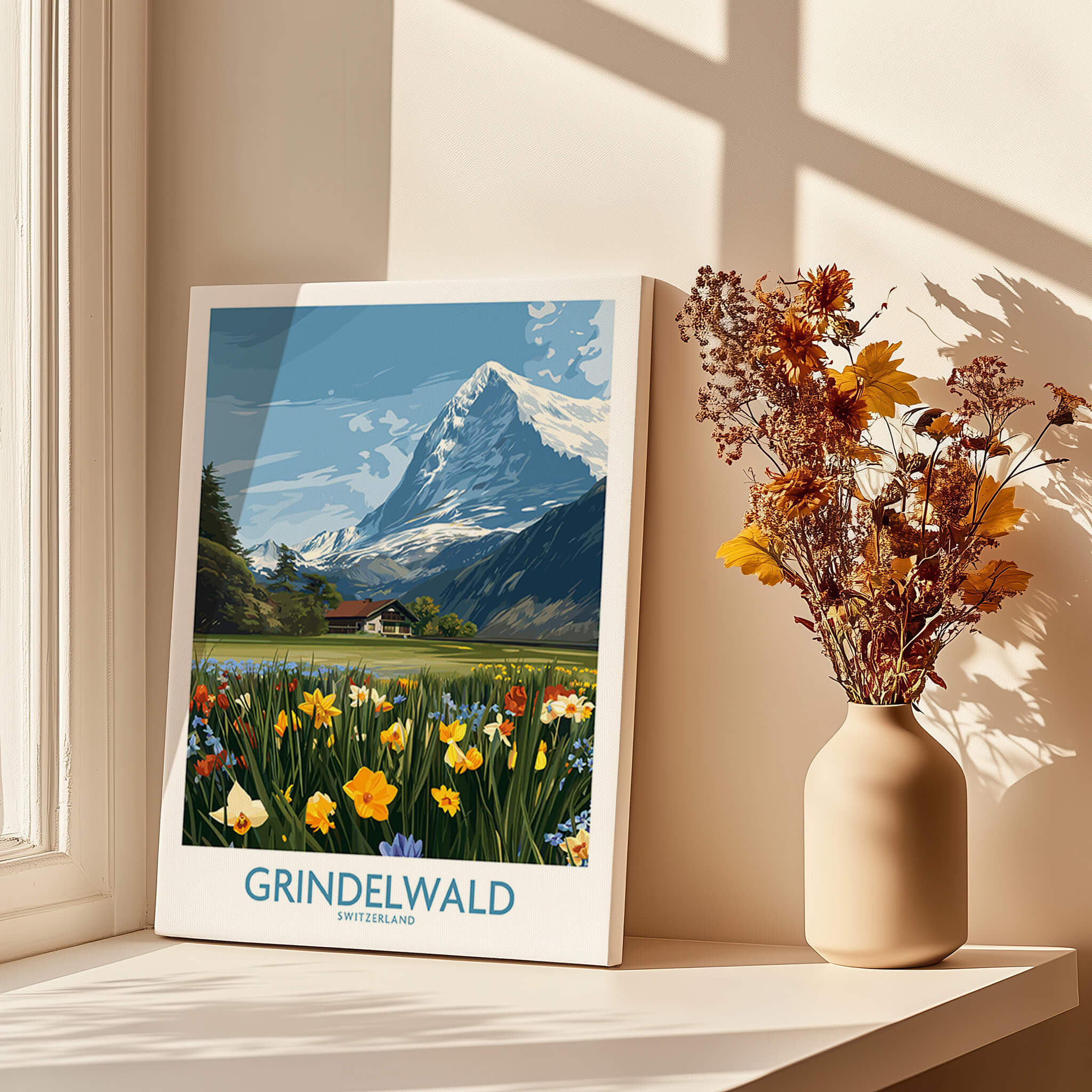Grindelwald Switzerland Canvas Print | Scenic Swiss Village Landscape Poster featuring flowers and mountains.