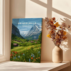 Grindelwald Switzerland Wall Art Print | Summer Alps Nature Travel Posters displayed near a vase of flowers.
