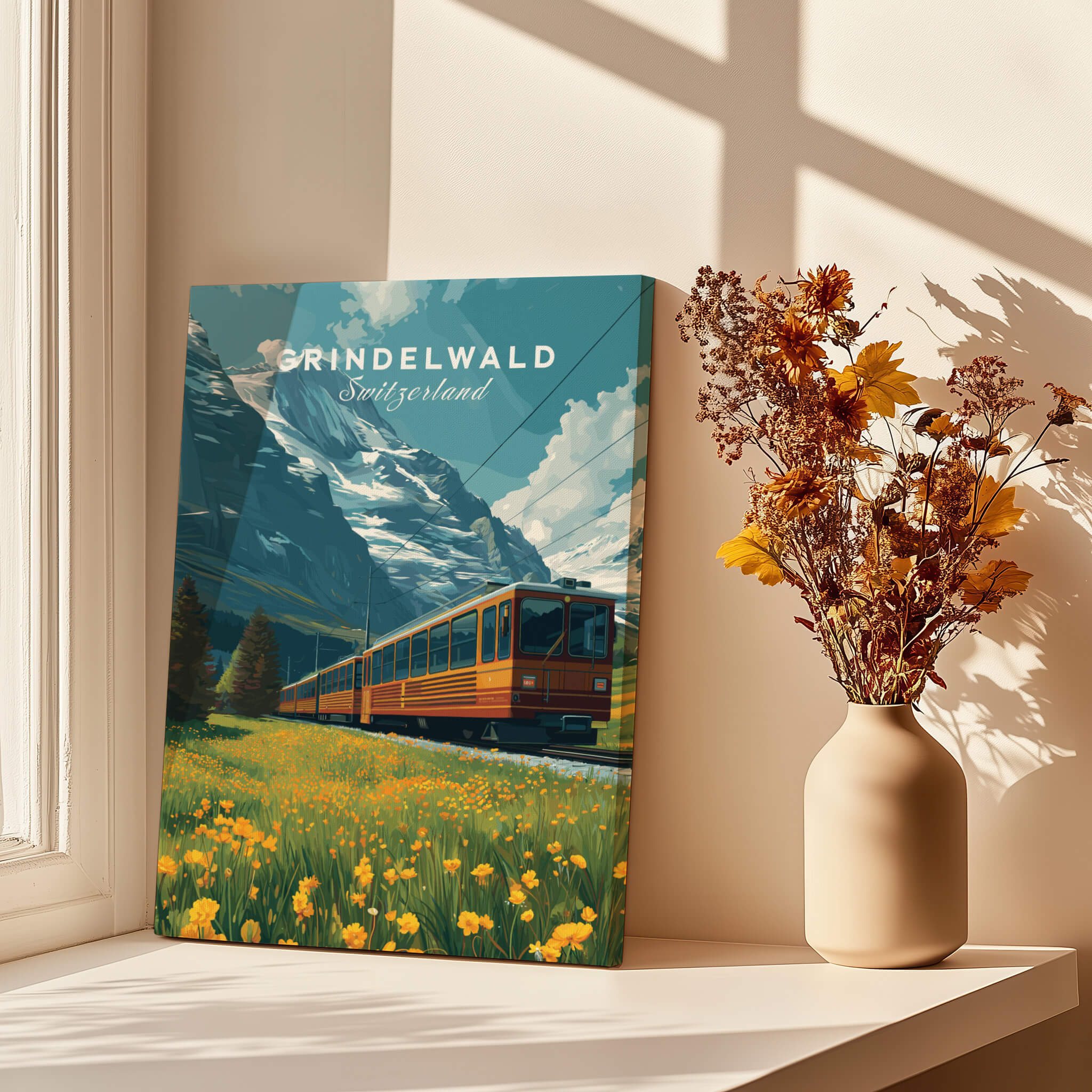 Grindelwald Switzerland Travel Poster | Iconic Mountain Railway Wall Art Print featuring a scenic train in vibrant flower-filled landscape.