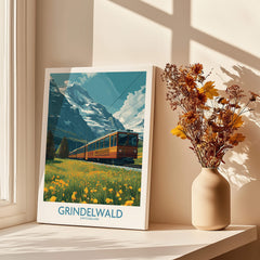 Grindelwald Switzerland Canvas Print | Swiss Alps Train Railway Scene Poster featuring a scenic train passing through vibrant alpine flowers.