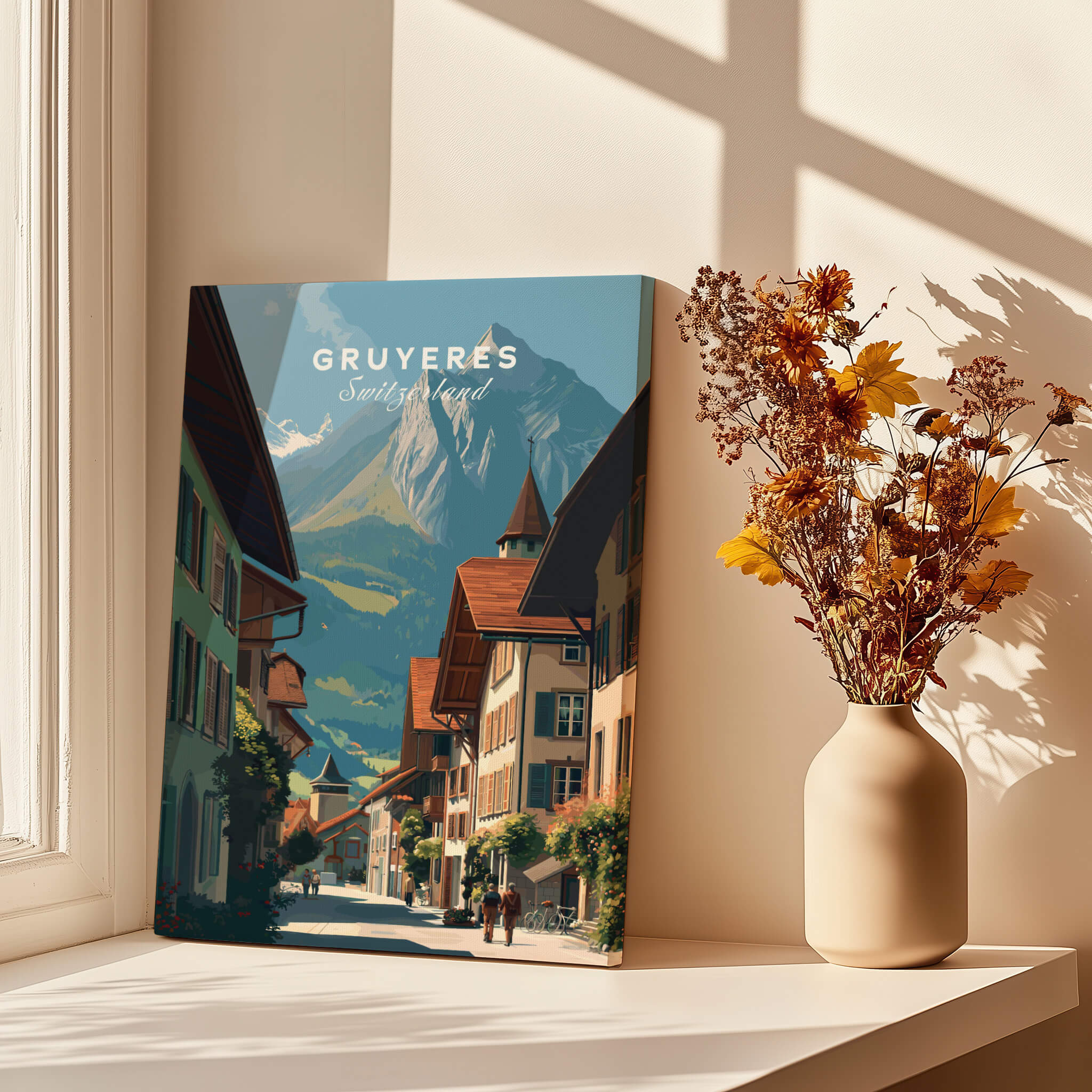 Gruyères Switzerland Wall Art Print | Medieval Village Street Travel Poster featuring cobblestone streets and mountain backdrop.