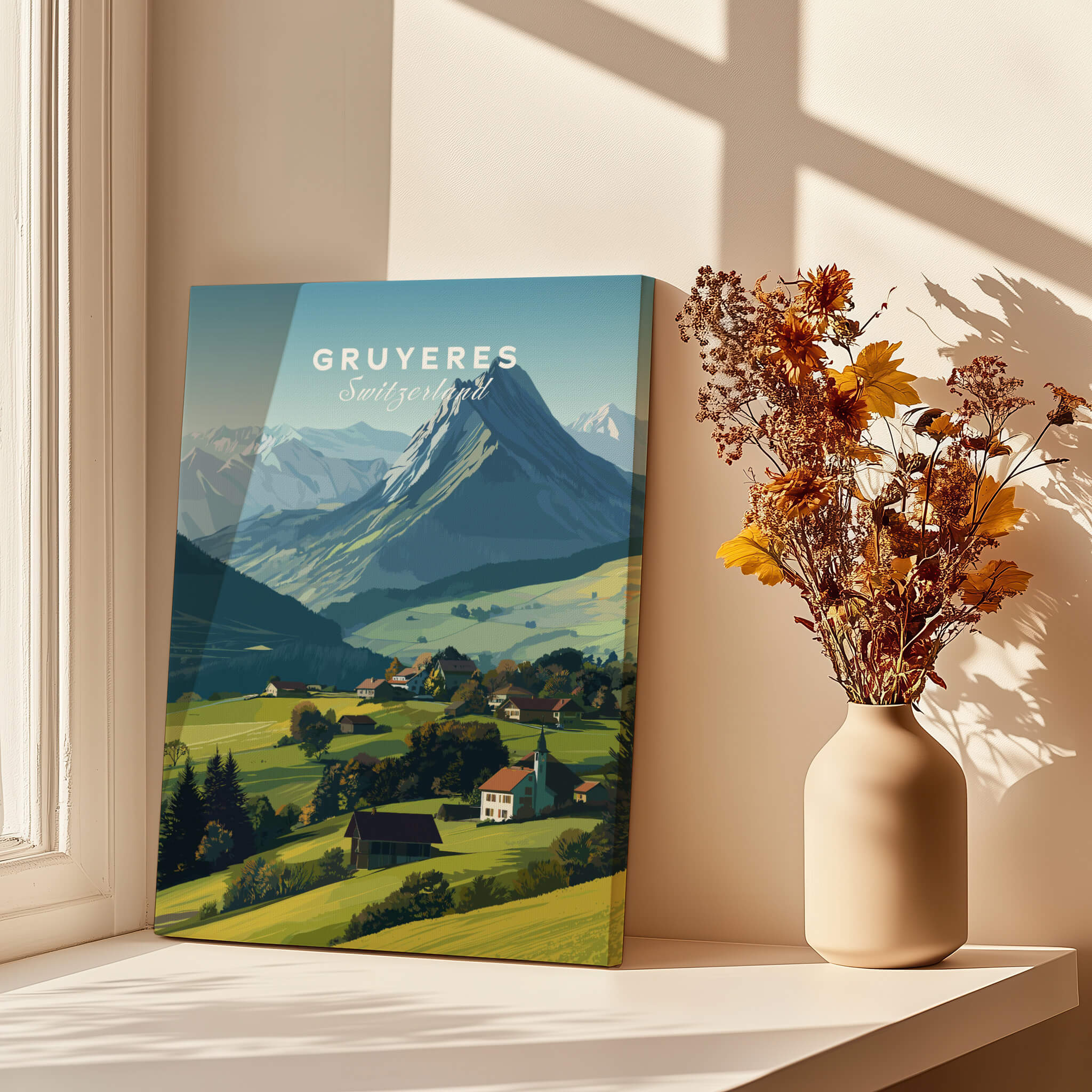 Gruyères Switzerland Travel Poster | Mountain Landscape Wall Art Print displayed beside a vase with flowers.
