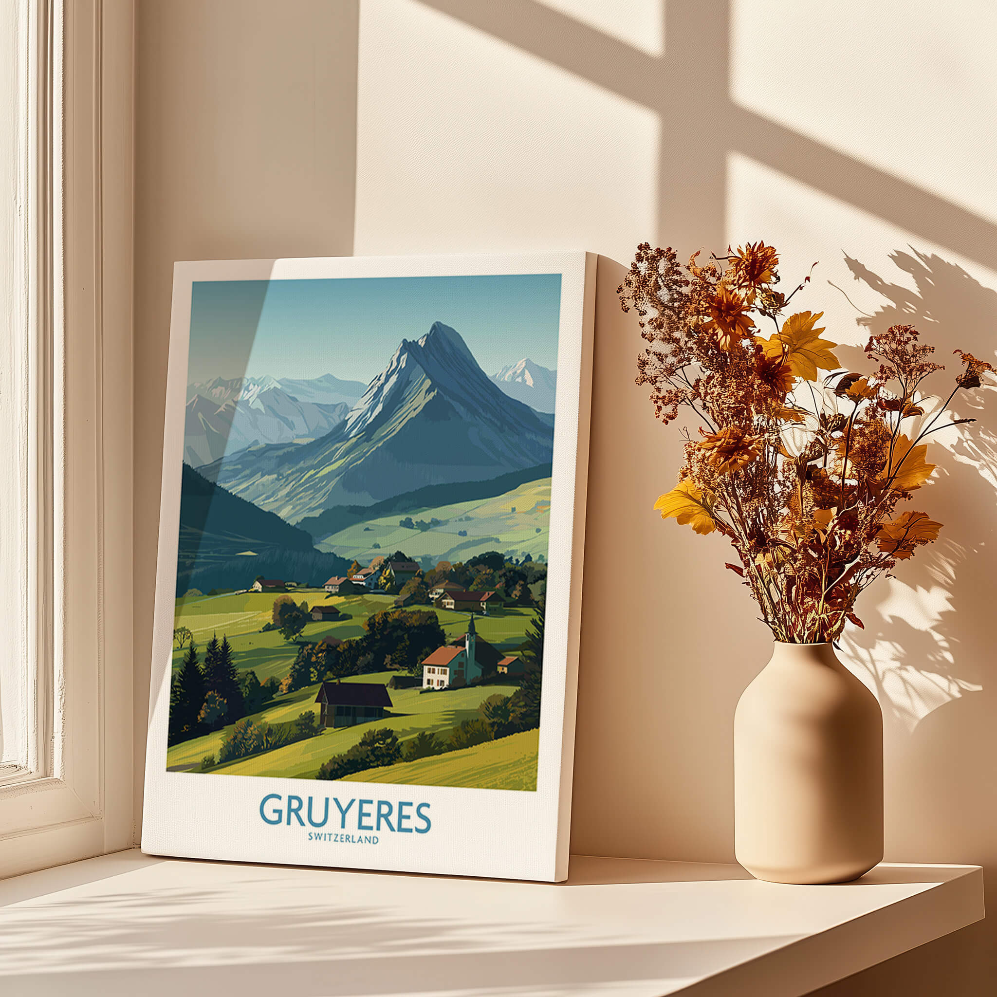 Gruyères Switzerland Canvas Print | Charming Swiss Countryside Scenery Poster displayed beside a vase of flowers.
