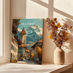 Gruyères Switzerland Wall Art Print | Swiss Travel Poster featuring a charming medieval village and alpine landscapes.