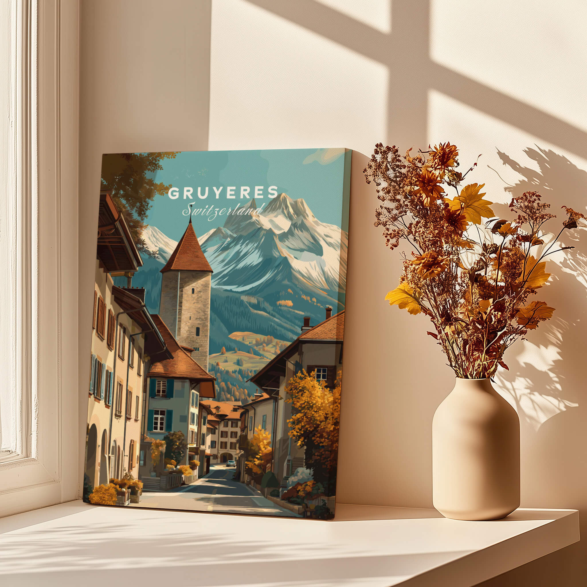 Gruyères Switzerland Wall Art Print | Swiss Travel Poster featuring a charming medieval village and alpine landscapes.