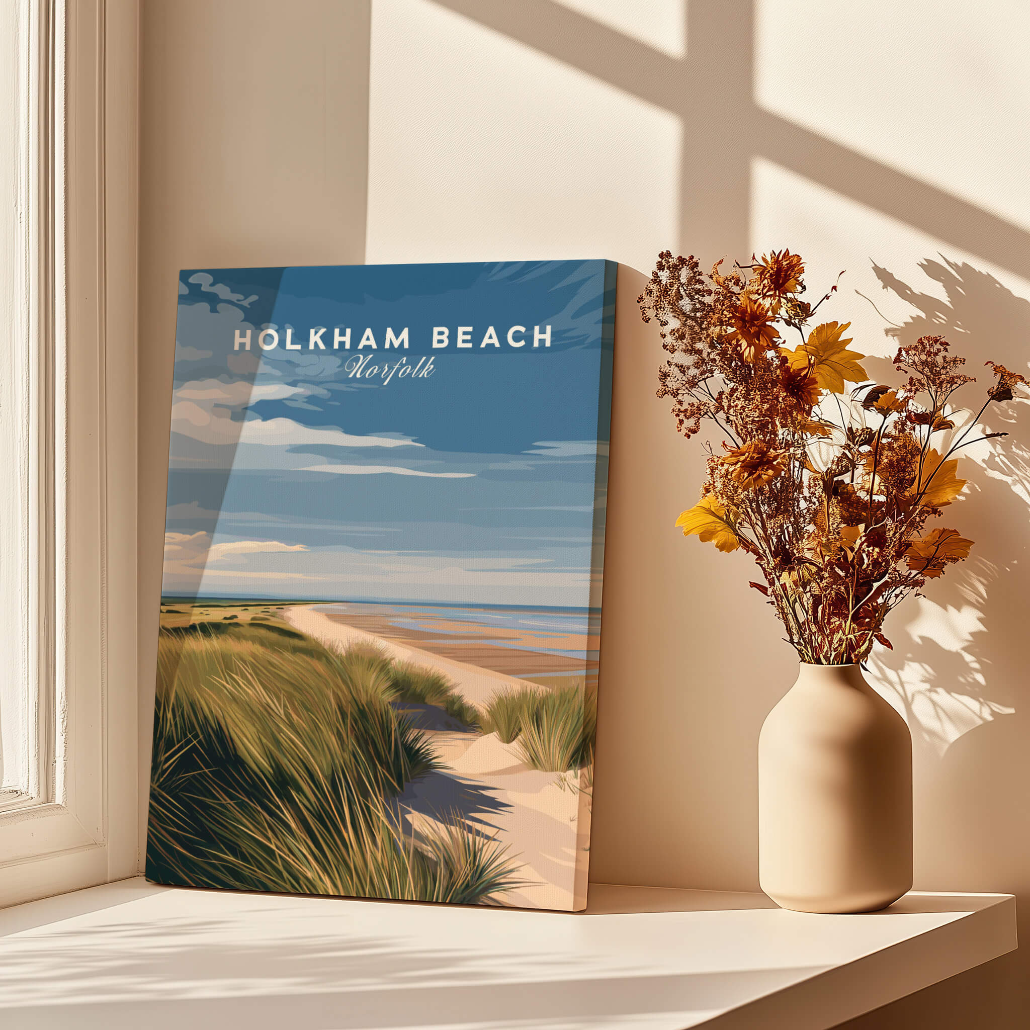 Holkham Beach Norfolk Travel Poster | Serene Beach Pathway Wall Art Print displayed near a vase with flowers.
