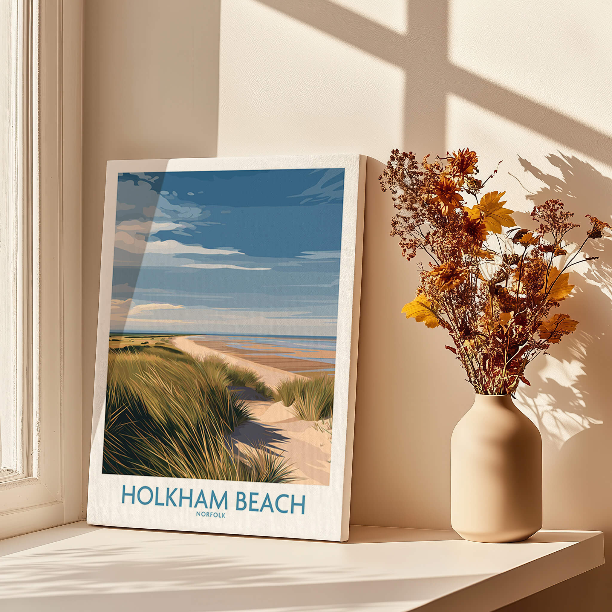 Holkham Beach Norfolk Canvas Print | Minimalist British Seaside Landscape Poster displayed near a vase of flowers.