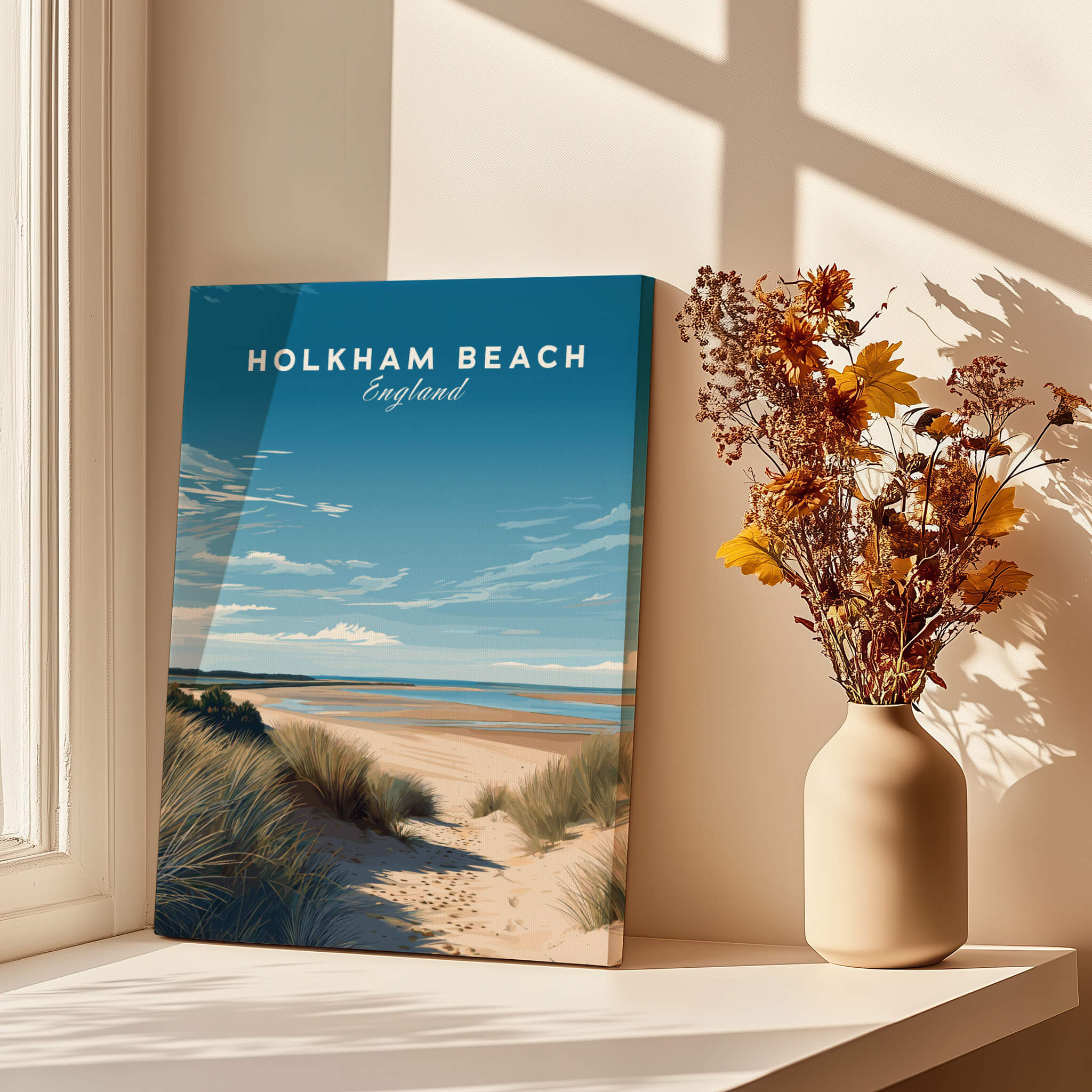 Holkham Beach Norfolk Wall Art Print | British Beach Travel Poster with coastal scenery and flowers.
