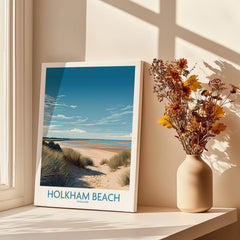 Holkham Beach Norfolk Poster | Serene Coastal Landscape Canvas Print displayed in a sunlit room with flowers.