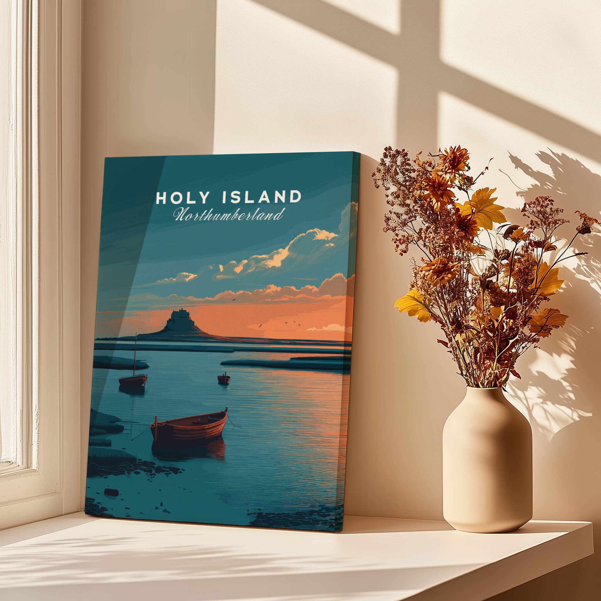 Holy Island Northumberland Wall Art Print | Lindisfarne Sunset Travel Poster in bright room with vase and flowers.