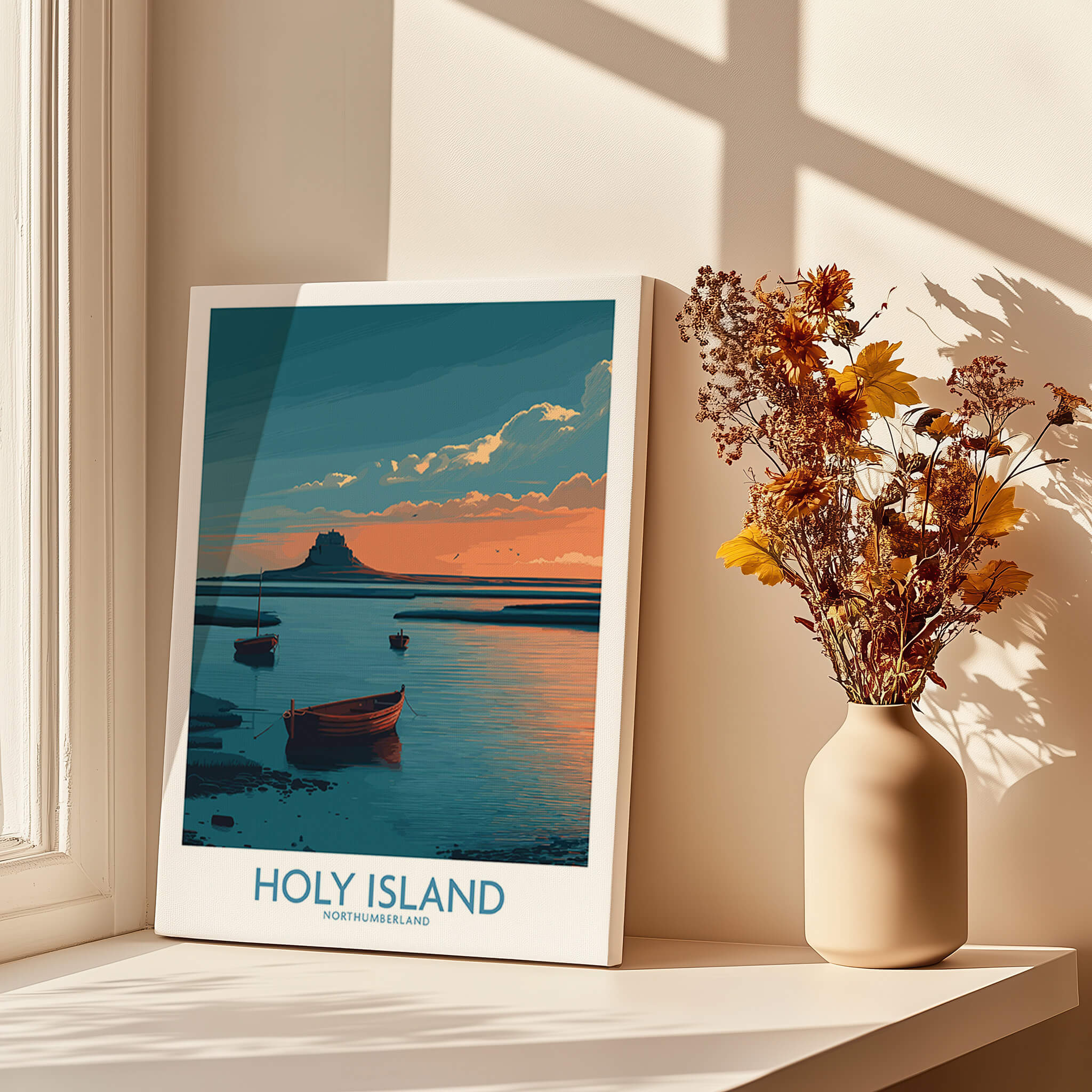Holy Island Northumberland Poster | Coastal Castle Sunset Canvas Print featuring a serene seascape with boats.