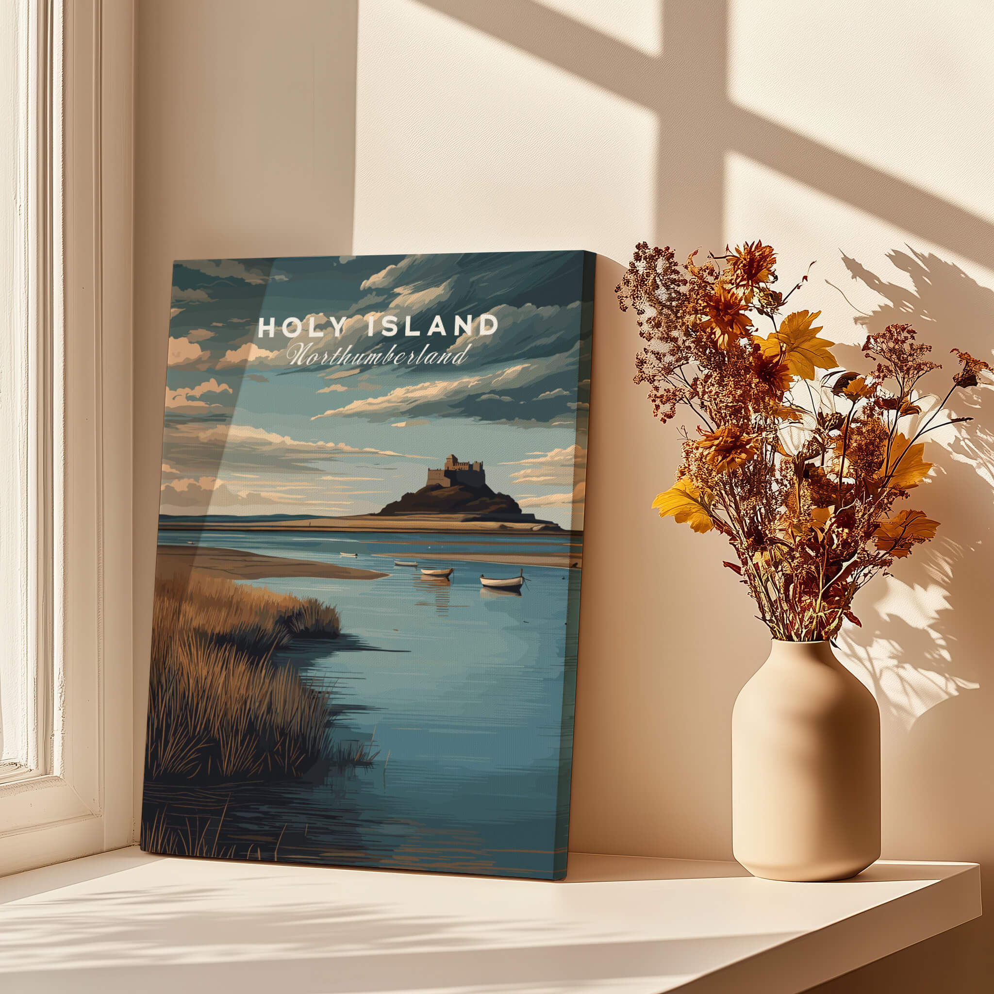 Holy Island Northumberland Travel Poster | Lindisfarne Castle Wall Art Print displayed on a windowsill with flowers.