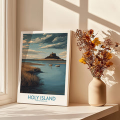 Holy Island Northumberland Poster | Historic England Coast Canvas Print displayed in a sunlit room with flowers.