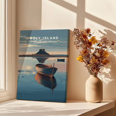 Holy Island Northumberland Wall Art Print | Serene Boat Scene Travel Poster featuring a tranquil boat reflecting in calm waters.