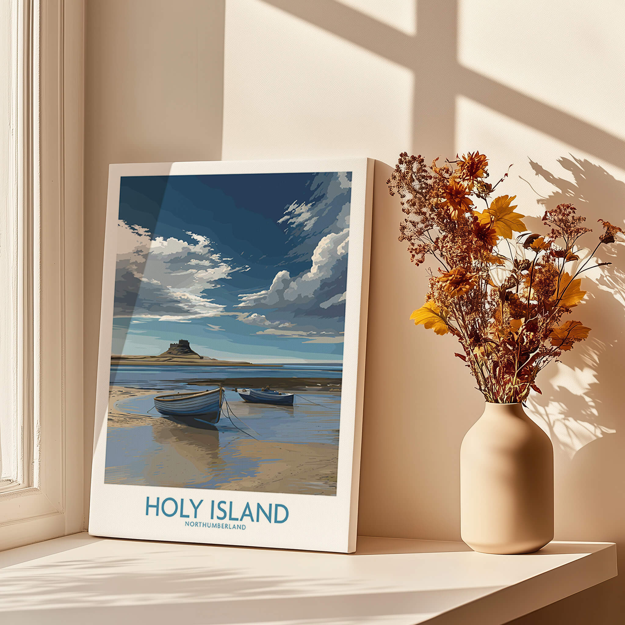 Holy Island Northumberland Poster | North Sea Coast Canvas Print displayed beside a vase of flowers in a sunlit room.