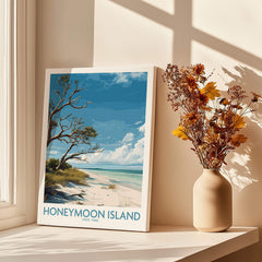 Honeymoon Island Poster | Florida State Park Coastline Canvas Print displayed in a sunlit room with flowers.