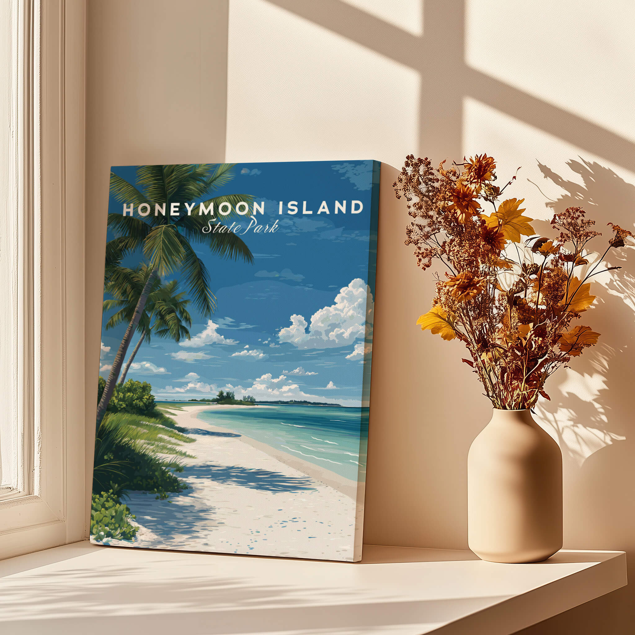 Honeymoon Island Travel Poster | Florida Beach Wall Art Print featuring a serene beach scene with palm trees and clear waters.