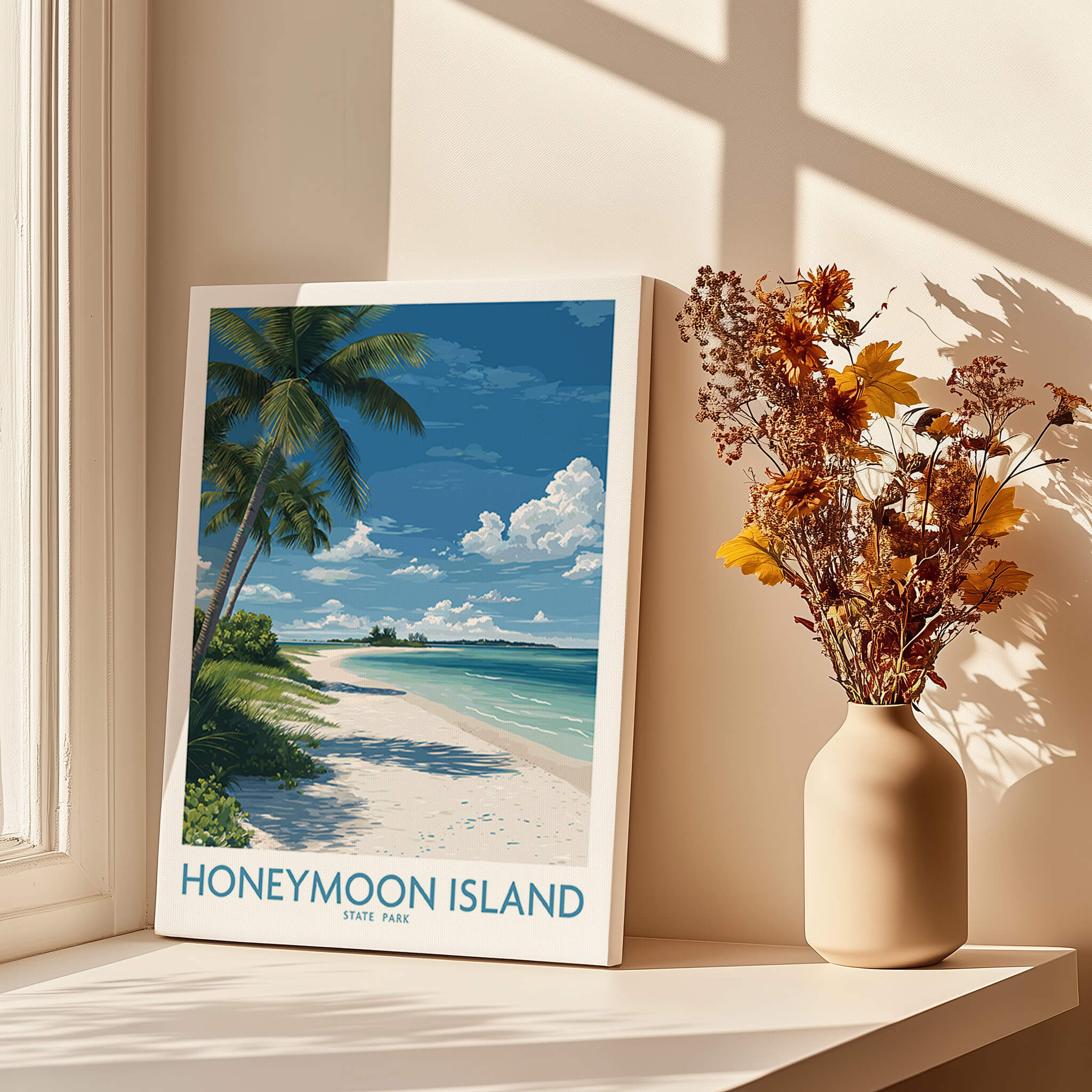 Honeymoon Island Poster | Sunny Florida Gulf Canvas Print showcased in a bright room with a vase of flowers and sunlight.