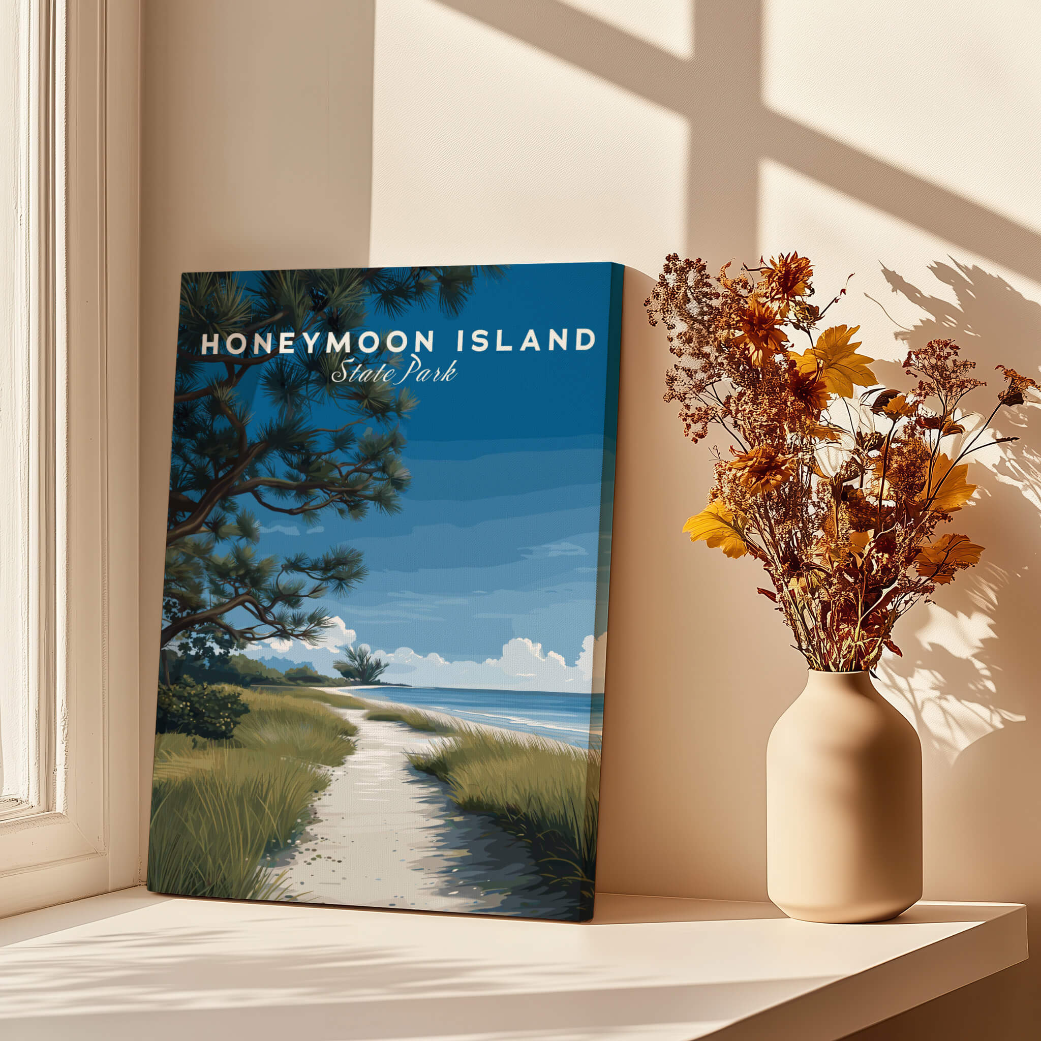 Honeymoon Island Wall Art Print | Florida Travel Poster showcasing a scenic pathway and coastal beauty.