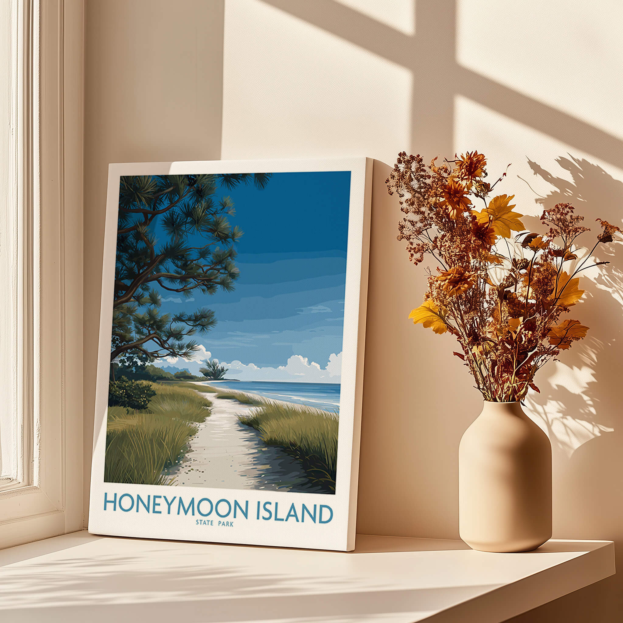 Honeymoon Island Florida Poster | Gulf Coast Landscape Canvas Print displayed beside a vase of flowers by a window.