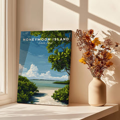 Honeymoon Island Florida Travel Poster | Mangrove Coast Wall Art Print displayed near a window with flowers.