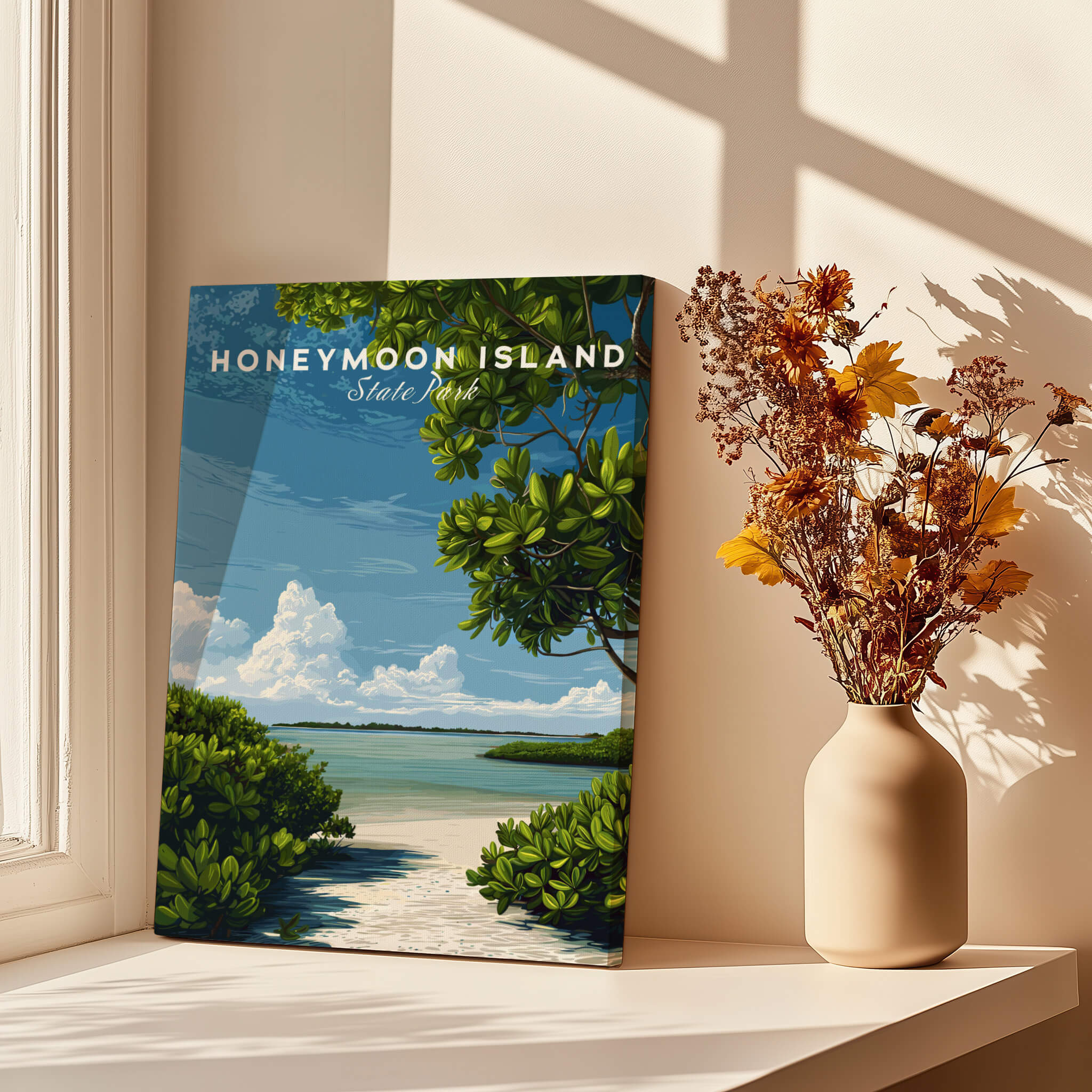 Honeymoon Island Florida Travel Poster | Mangrove Coast Wall Art Print displayed near a window with flowers.