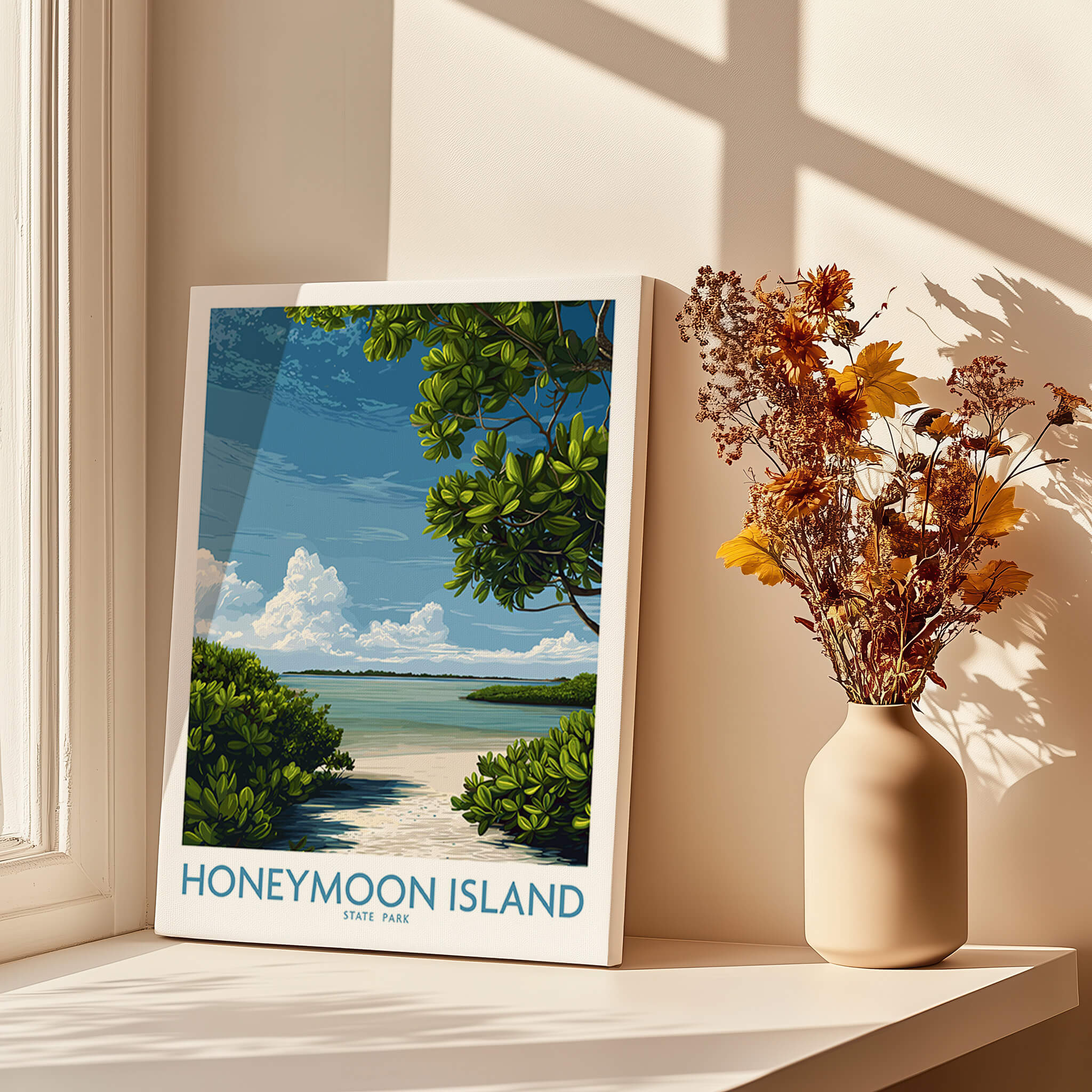 Honeymoon Island Florida Poster | Tropical Island Scene Canvas Print displayed on a windowsill with decorative flowers.