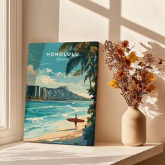 Honolulu Wall Art Print | Waikiki Beach Hawaii Travel Poster depicting surf and tropical scenery in Hawaii.
