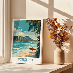 Honolulu Poster | Hawaii Surfing Canvas Print featuring a surfer on a beach with a vibrant ocean and mountain backdrop.