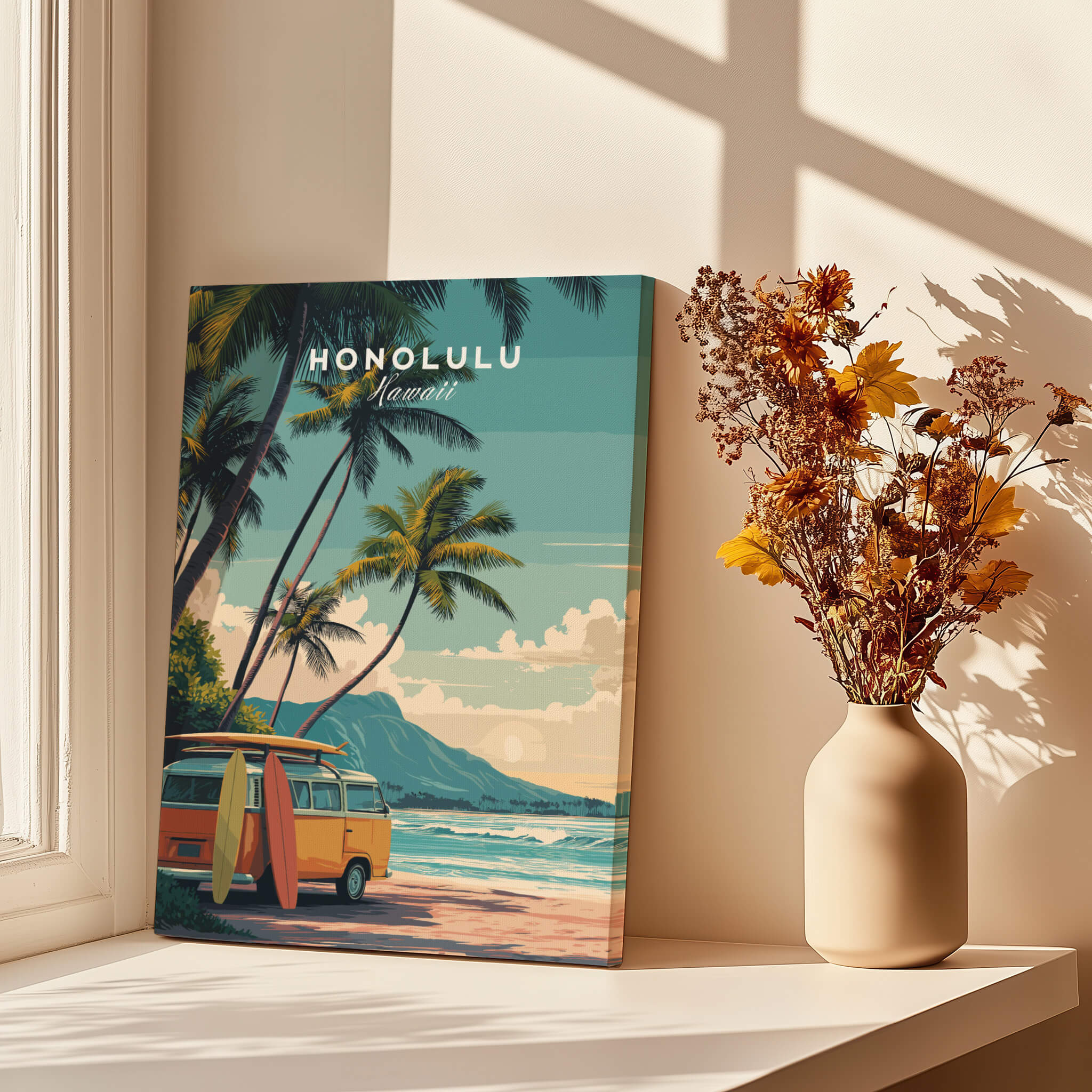 Honolulu Hawaii Travel Poster | Surf Van Beach Wall Art Print featuring vibrant beach scene and surf van.