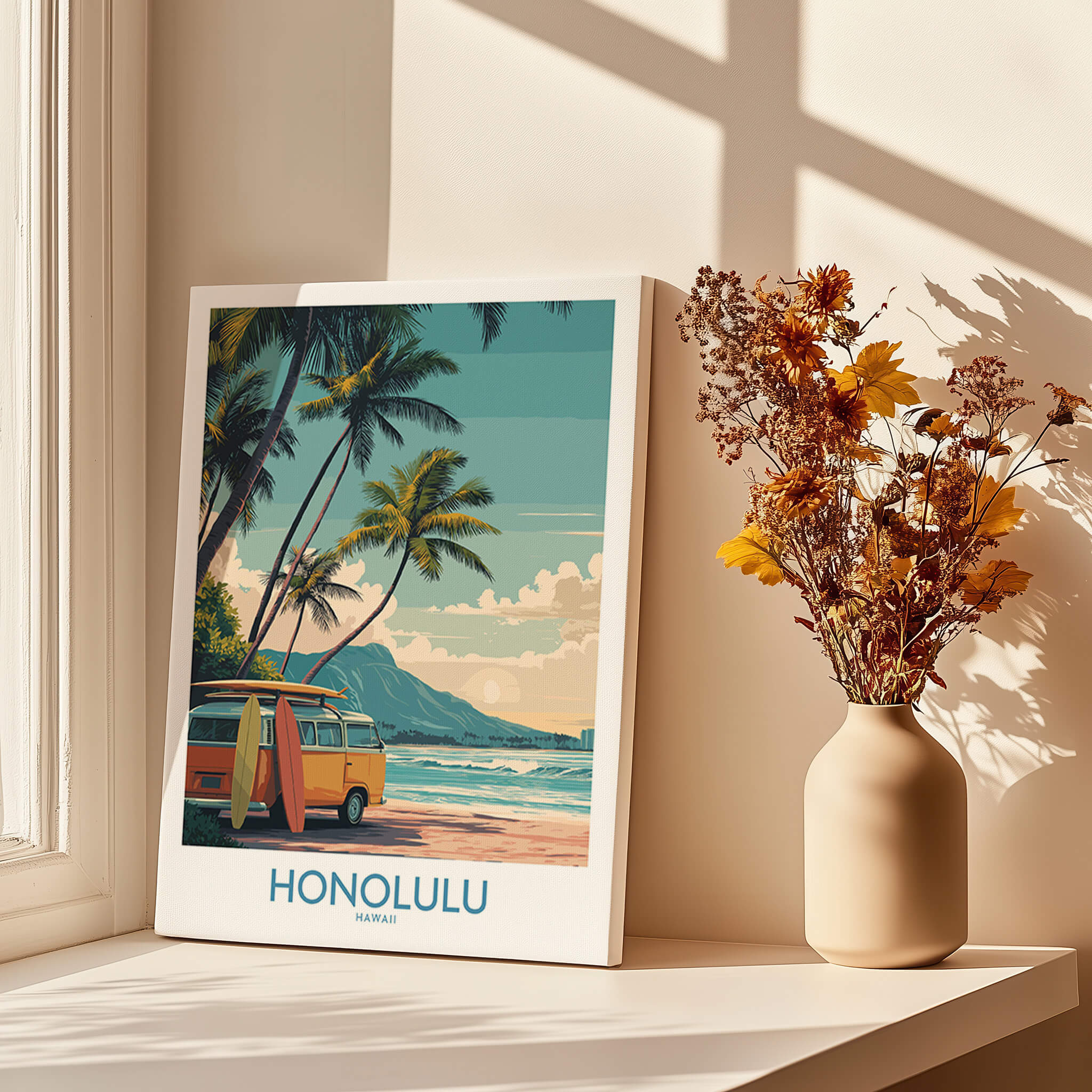Honolulu Hawaii Poster | Vintage Aloha Style Canvas Print in a sunlit room with tropical artwork and flowers.