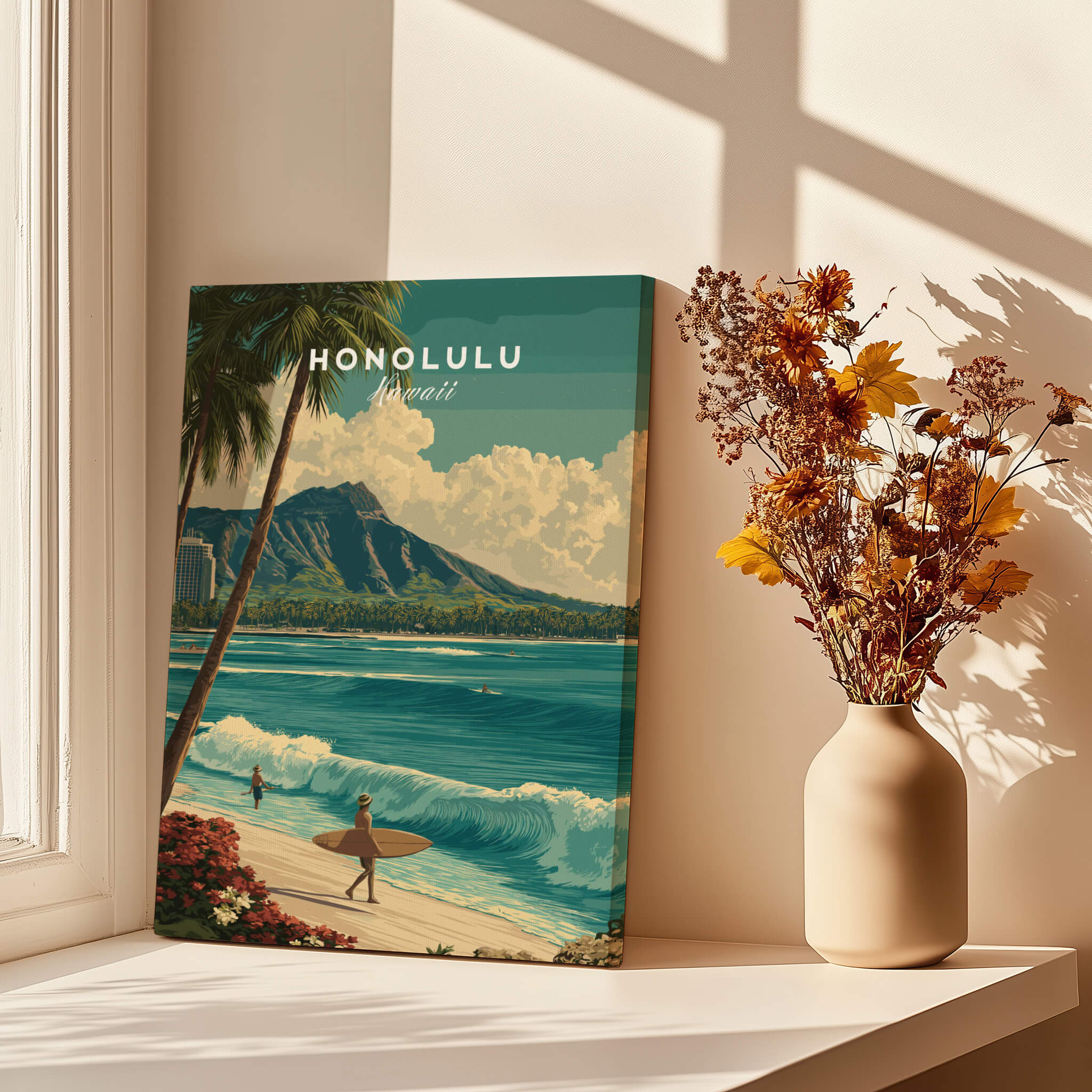 Honolulu Hawaii Wall Art Print | Waikiki Beach Surf Travel Poster featuring surfers and waves in a tropical setting.