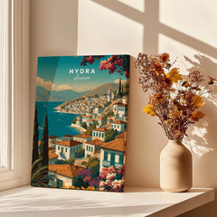 Hydra Greece Wall Art Print | Mediterranean Coastal Town Travel Poster showcasing coastal town with whitewashed buildings.