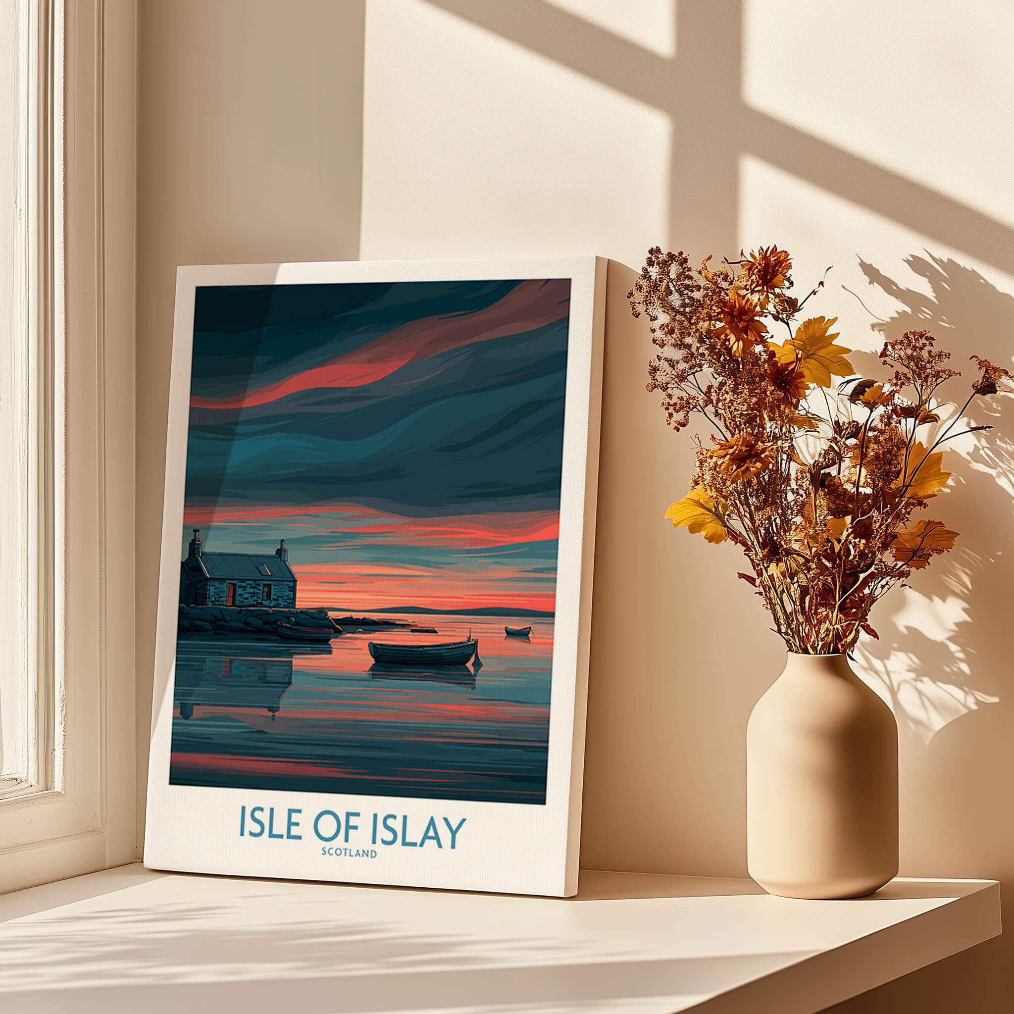 Isle of Islay Scotland Posters | Scottish Hebrides Seascape Canvas Print showcasing a scenic sunset over water.