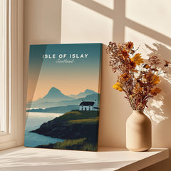 Isle of Islay Scotland Travel Poster showcasing stunning landscapes and dramatic coastlines of the island.