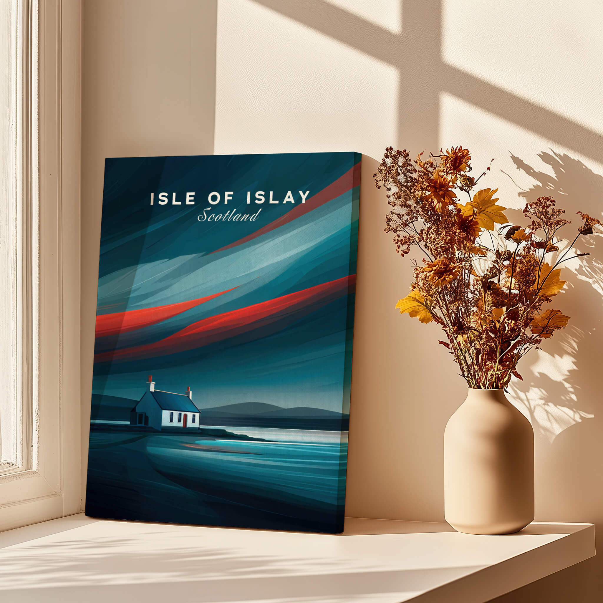 Isle of Islay Scotland Wall Art Print | Dramatic Sky Travel Poster displayed in a sunlit room with flowers.