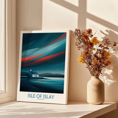 Isle of Islay Scotland Posters | Vibrant Scottish Island Scene Canvas Print placed near flowers in a sunny room.