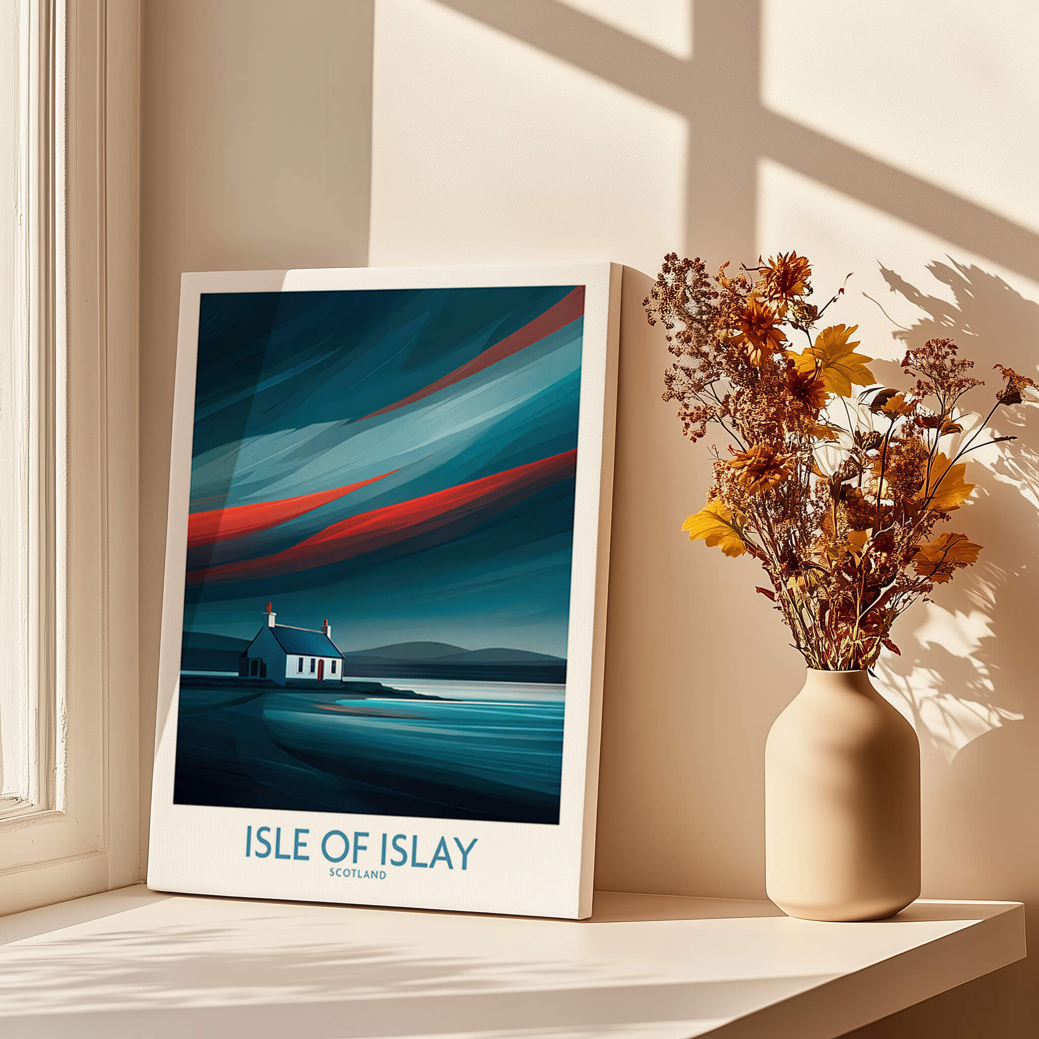 Isle of Islay Scotland Posters | Vibrant Scottish Island Scene Canvas Print placed near flowers in a sunny room.