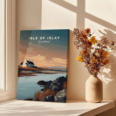 Isle of Islay Scotland Travel Posters | Scenic Coastal Cottage Wall Art Print displayed by a sunlit window.