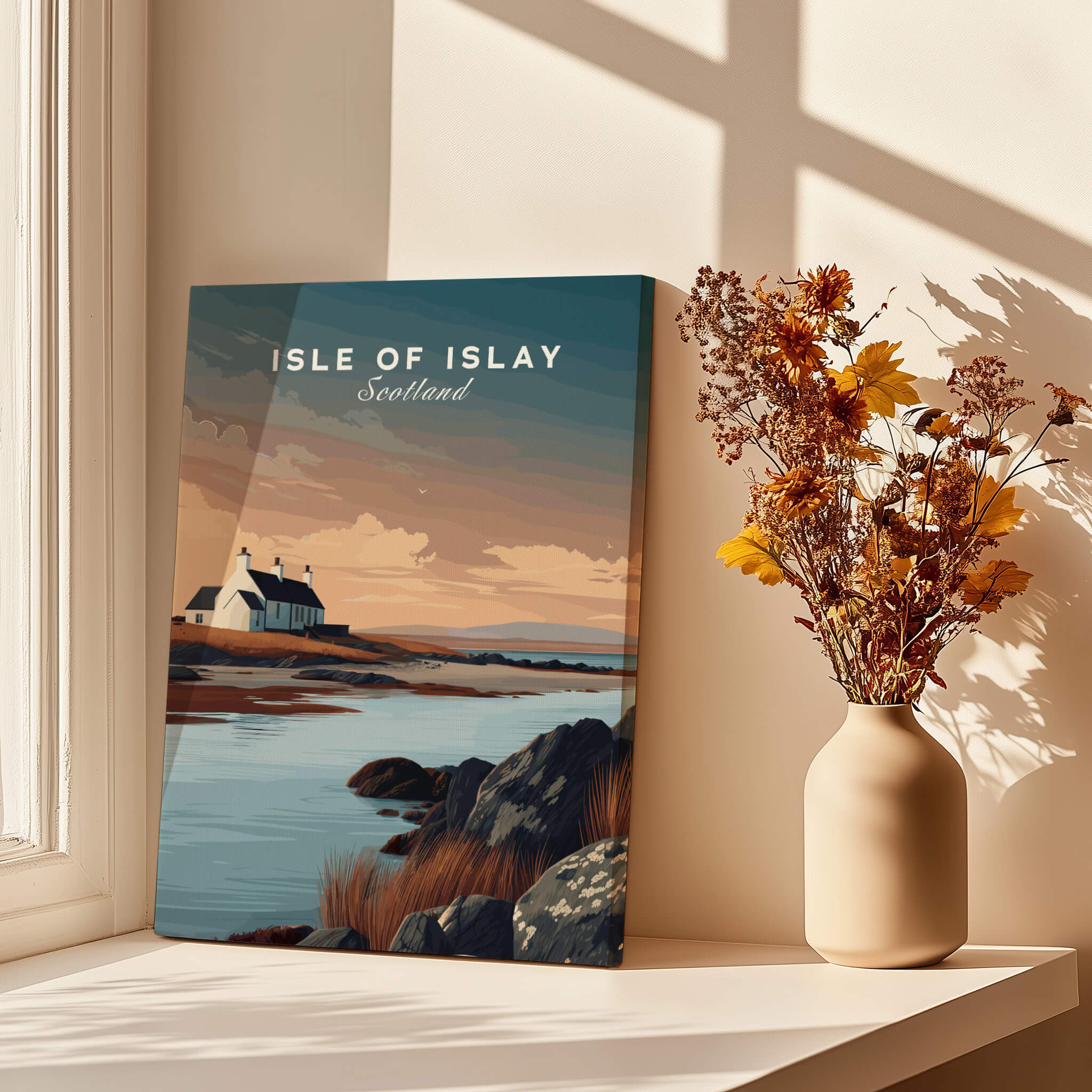 Isle of Islay Scotland Travel Posters | Scenic Coastal Cottage Wall Art Print displayed by a sunlit window.
