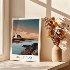 Isle of Islay Scotland Canvas Print | Hebrides Sunset Landscape Posters displayed in a sunlit interior with a vase of flowers.