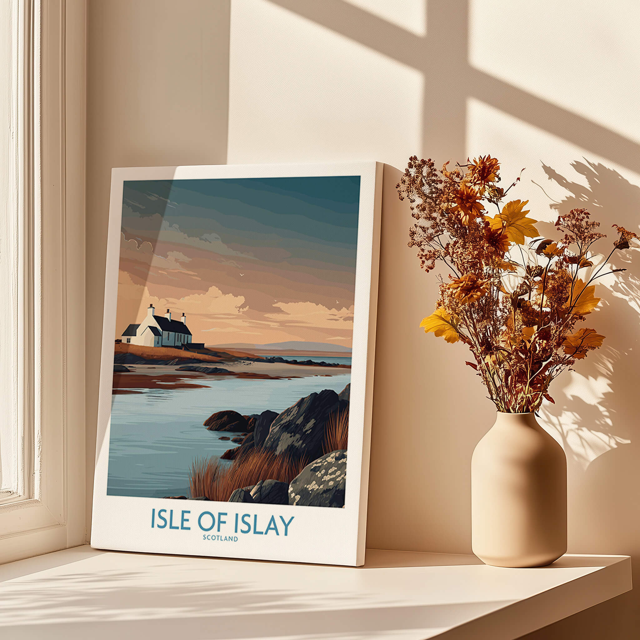 Isle of Islay Scotland Canvas Print | Hebrides Sunset Landscape Posters displayed in a sunlit interior with a vase of flowers.