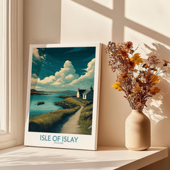 Isle of Islay Scotland Poster | Scottish Seaside Village Canvas Print featuring a serene coastal scene with cottages.