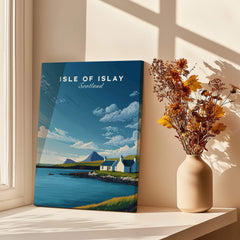 Isle of Islay Scotland Travel Posters | Sunny Coastal Wall Art Print in a bright room with flowers.
