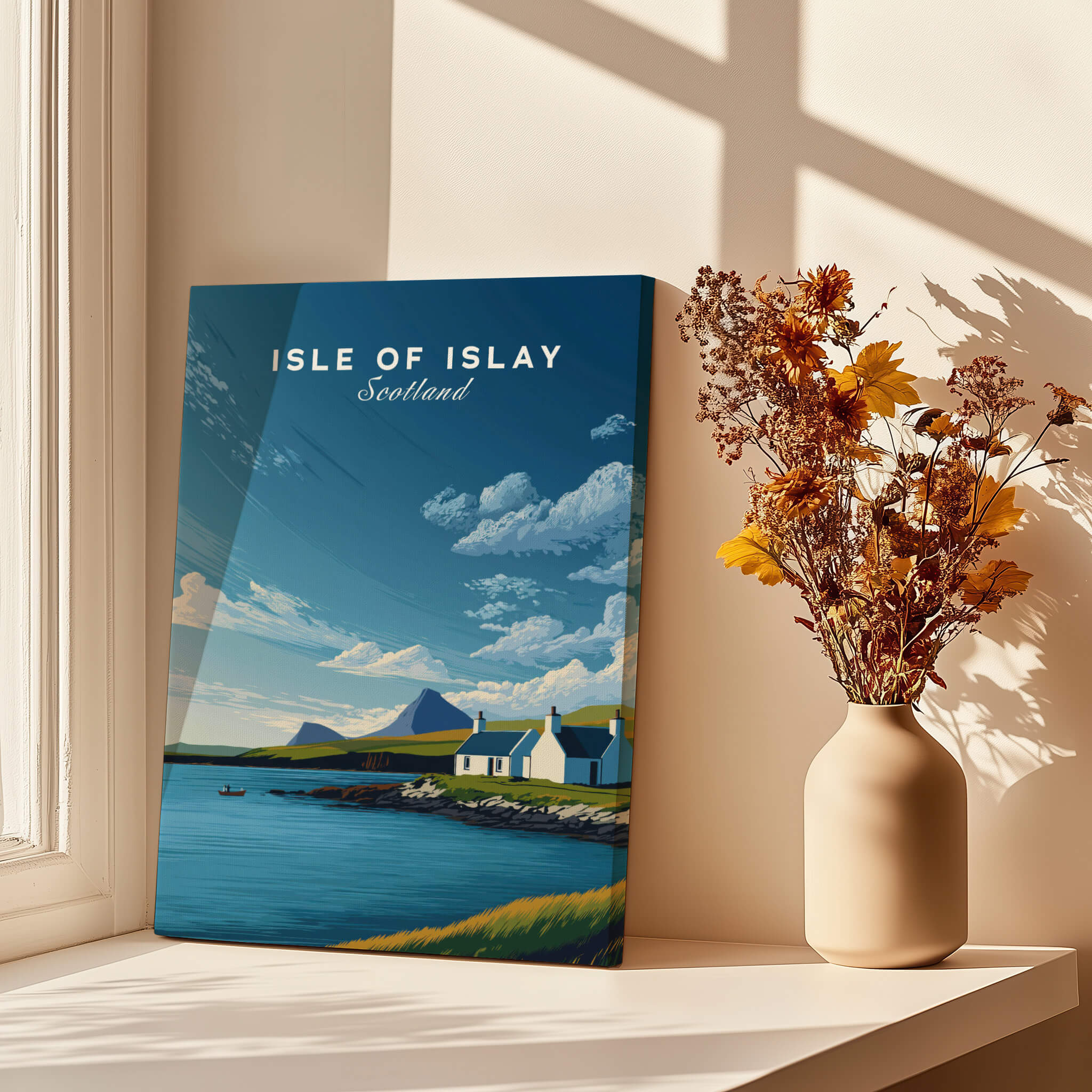 Isle of Islay Scotland Travel Posters | Sunny Coastal Wall Art Print in a bright room with flowers.